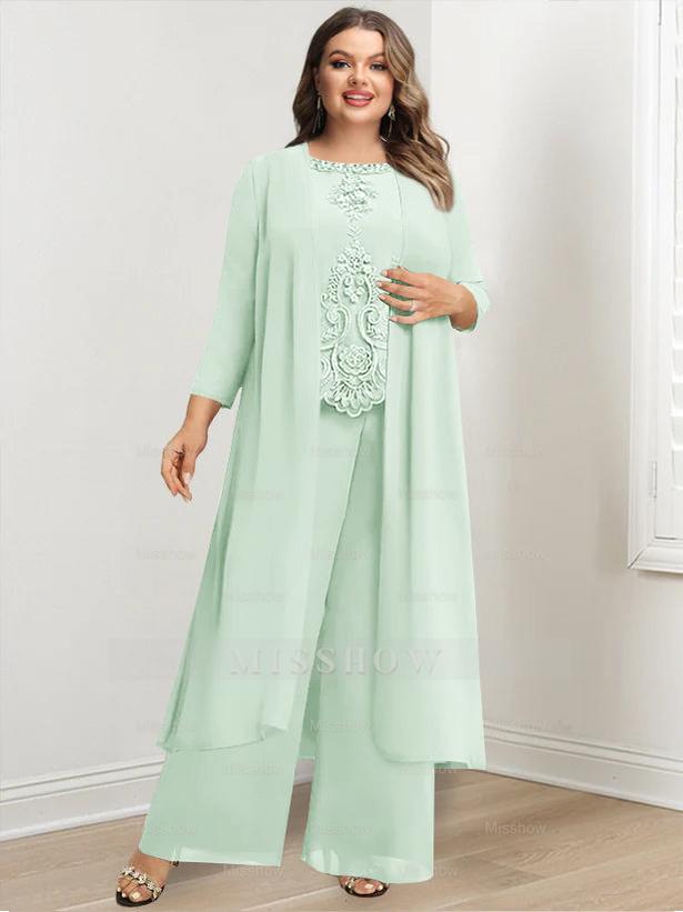 Plus Size Floor-Length Chiffon Pantsuit for the Mother of the Bride with Round Neck and Applique Jacket