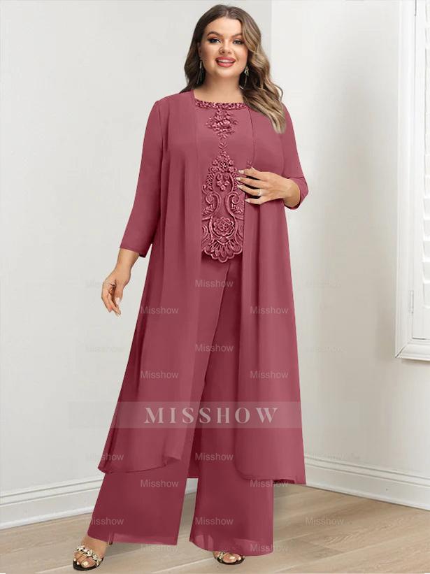 Plus Size Floor-Length Chiffon Pantsuit for the Mother of the Bride with Round Neck and Applique Jacket