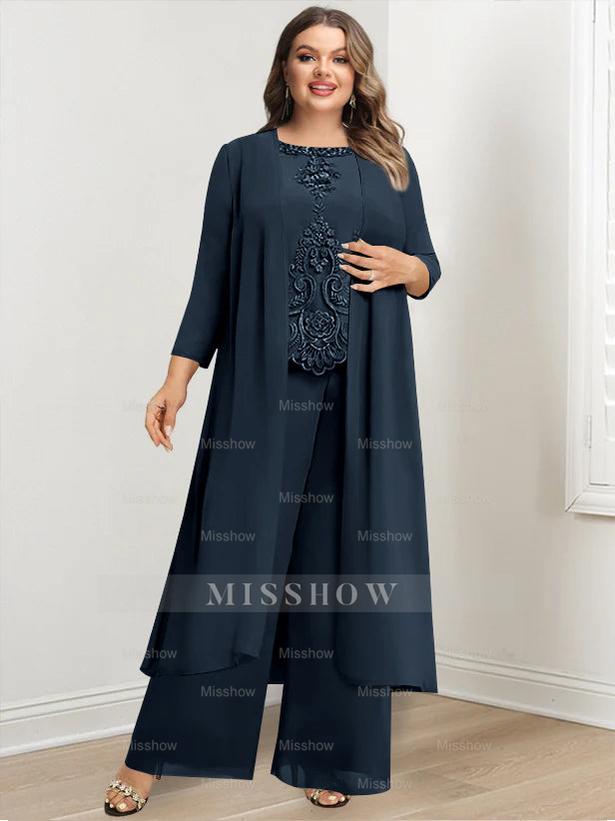 Plus Size Floor-Length Chiffon Pantsuit for the Mother of the Bride with Round Neck and Applique Jacket