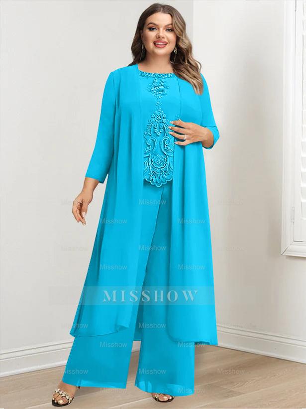 Plus Size Floor-Length Chiffon Pantsuit for the Mother of the Bride with Round Neck and Applique Jacket