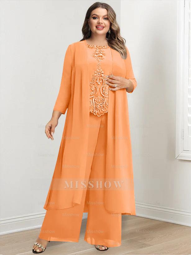 Plus Size Floor-Length Chiffon Pantsuit for the Mother of the Bride with Round Neck and Applique Jacket
