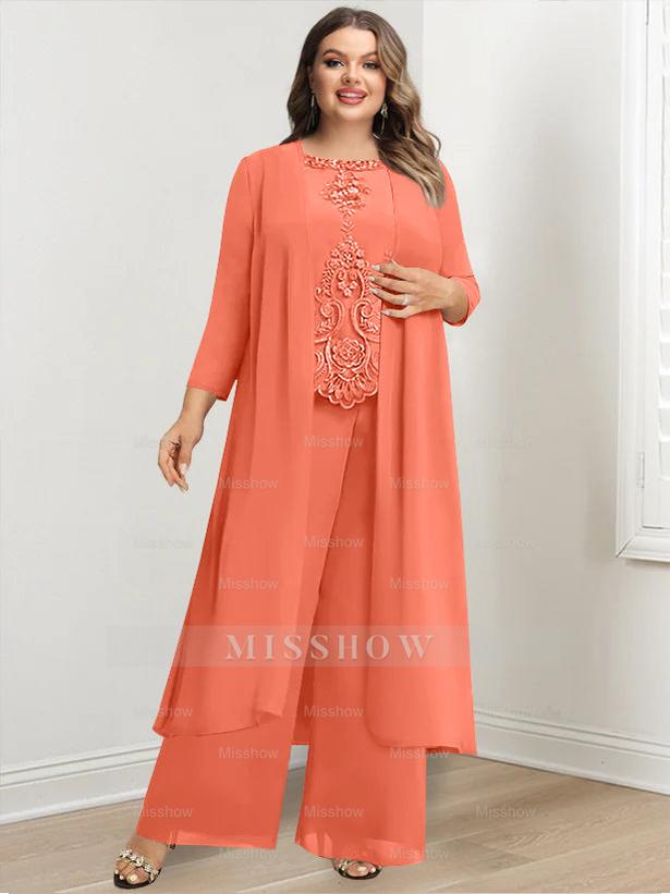 Plus Size Floor-Length Chiffon Pantsuit for the Mother of the Bride with Round Neck and Applique Jacket