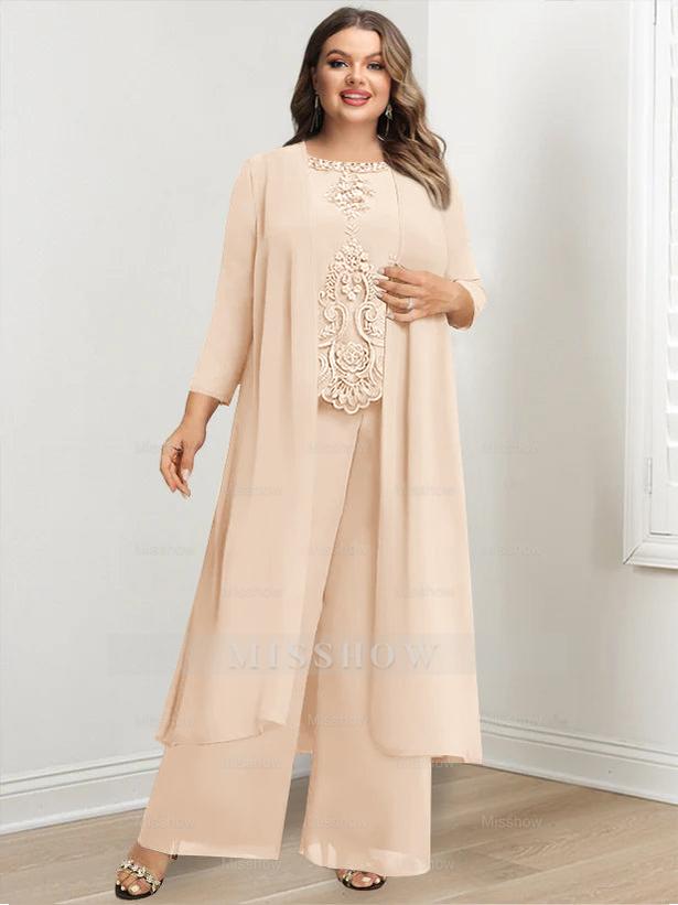 Plus Size Floor-Length Chiffon Pantsuit for the Mother of the Bride with Round Neck and Applique Jacket