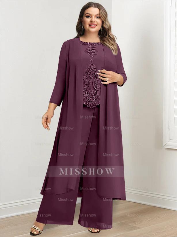 Plus Size Floor-Length Chiffon Pantsuit for the Mother of the Bride with Round Neck and Applique Jacket