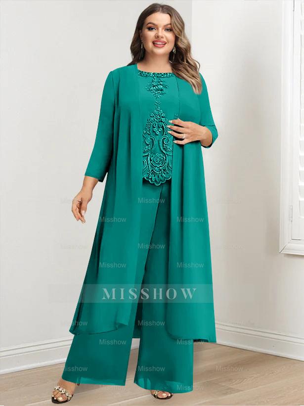 Plus Size Floor-Length Chiffon Pantsuit for the Mother of the Bride with Round Neck and Applique Jacket
