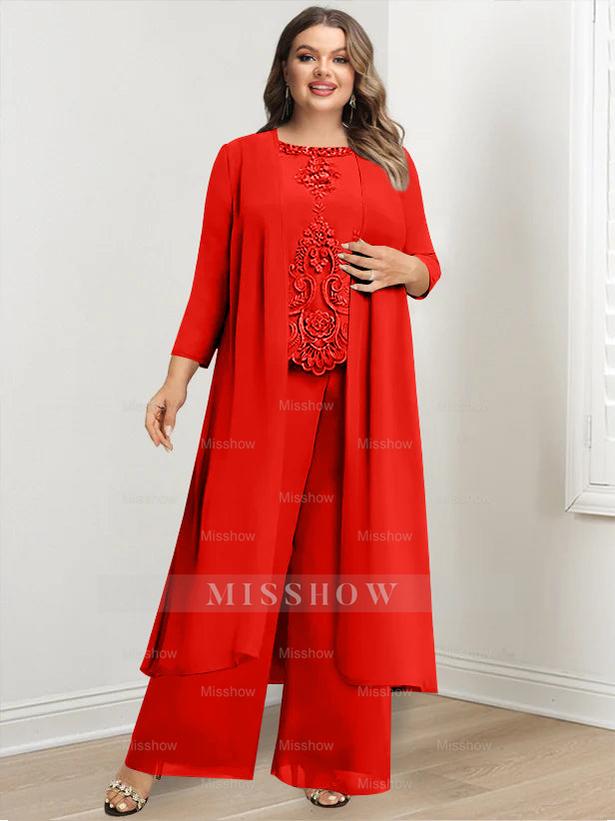 Plus Size Floor-Length Chiffon Pantsuit for the Mother of the Bride with Round Neck and Applique Jacket