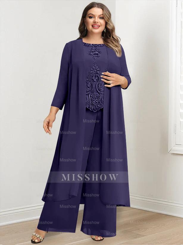 Plus Size Floor-Length Chiffon Pantsuit for the Mother of the Bride with Round Neck and Applique Jacket