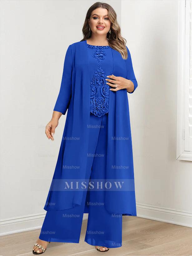 Plus Size Floor-Length Chiffon Pantsuit for the Mother of the Bride with Round Neck and Applique Jacket