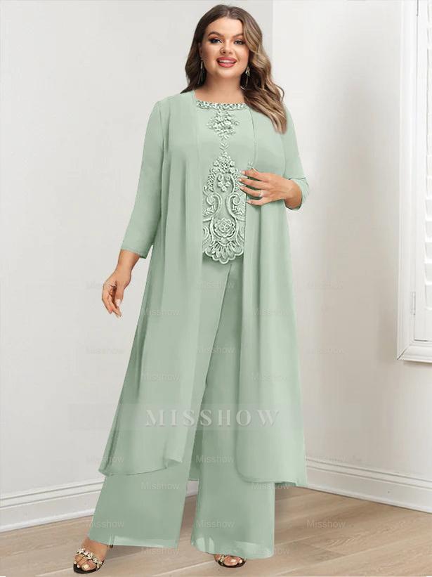 Plus Size Floor-Length Chiffon Pantsuit for the Mother of the Bride with Round Neck and Applique Jacket
