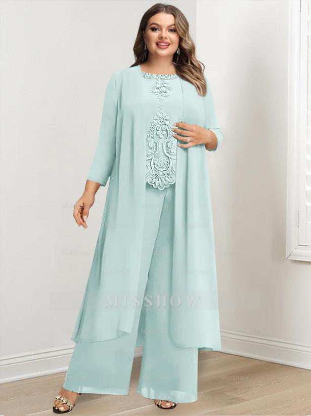 Plus Size Floor-Length Chiffon Pantsuit for the Mother of the Bride with Round Neck and Applique Jacket