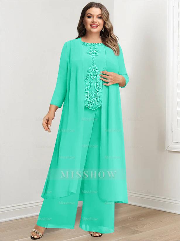 Plus Size Floor-Length Chiffon Pantsuit for the Mother of the Bride with Round Neck and Applique Jacket