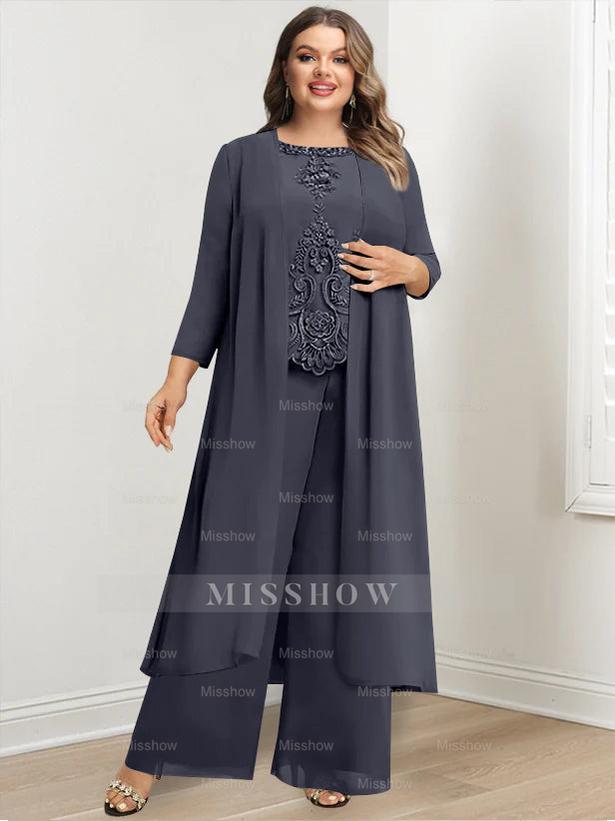 Plus Size Floor-Length Chiffon Pantsuit for the Mother of the Bride with Round Neck and Applique Jacket