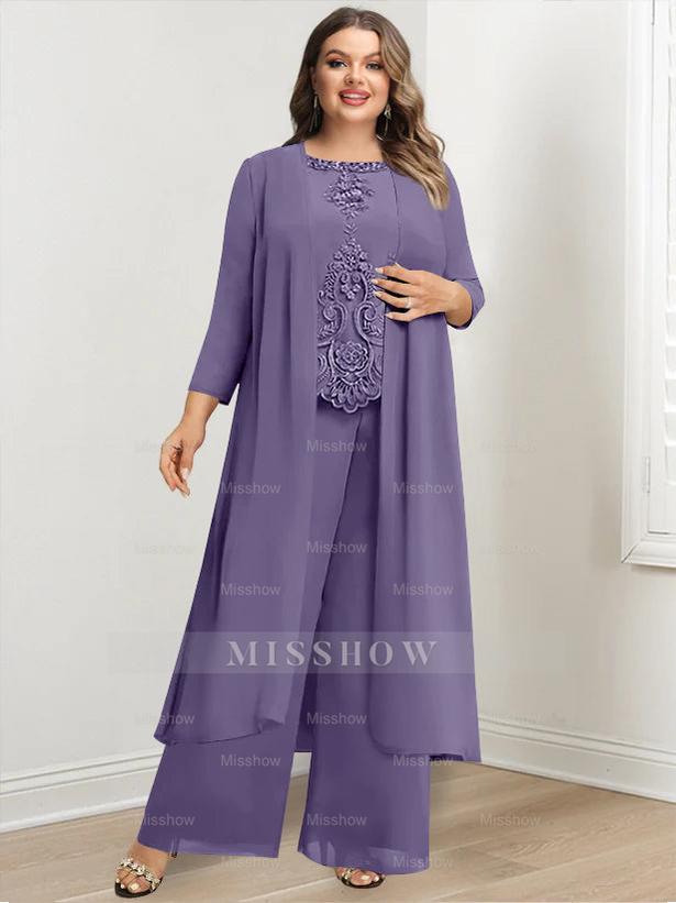 Plus Size Floor-Length Chiffon Pantsuit for the Mother of the Bride with Round Neck and Applique Jacket