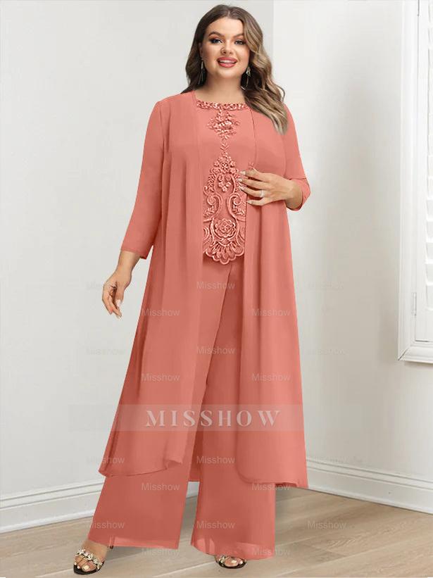 Plus Size Floor-Length Chiffon Pantsuit for the Mother of the Bride with Round Neck and Applique Jacket