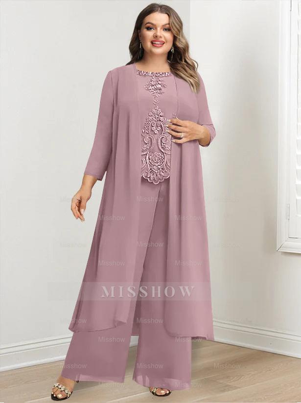 Plus Size Floor-Length Chiffon Pantsuit for the Mother of the Bride with Round Neck and Applique Jacket