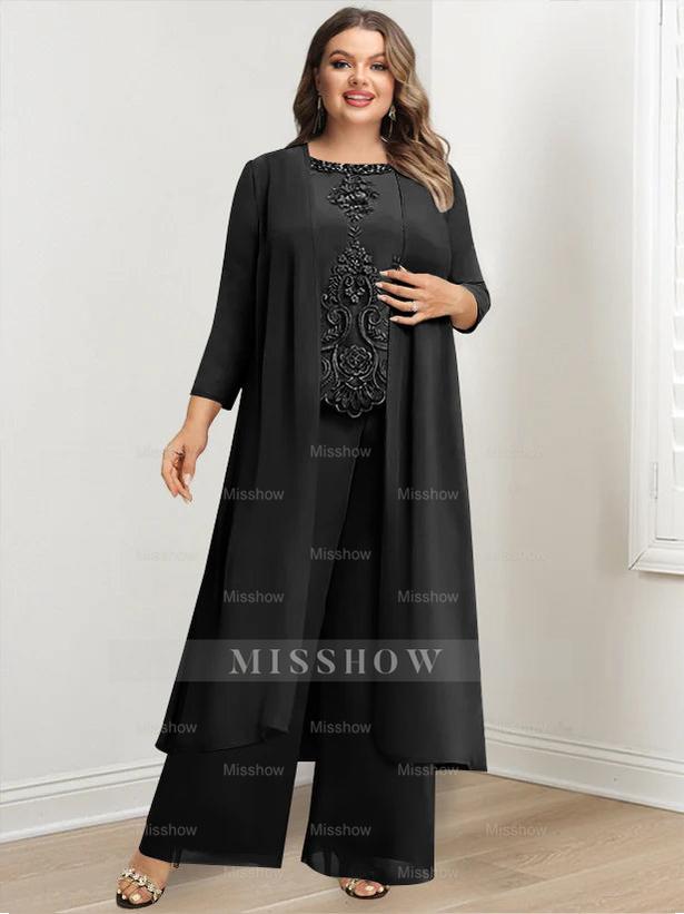 Plus Size Floor-Length Chiffon Pantsuit for the Mother of the Bride with Round Neck and Applique Jacket