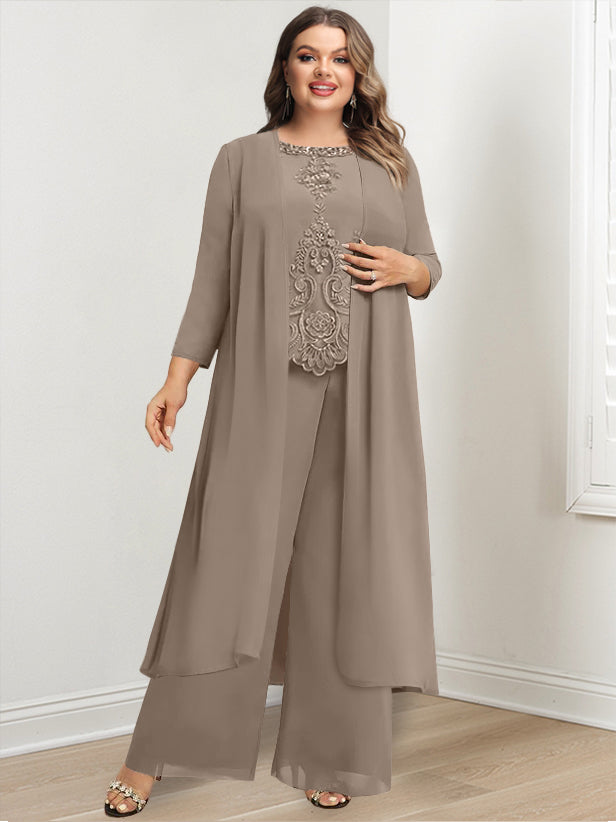 Plus Size Floor-Length Chiffon Pantsuit for the Mother of the Bride with Round Neck and Applique Jacket