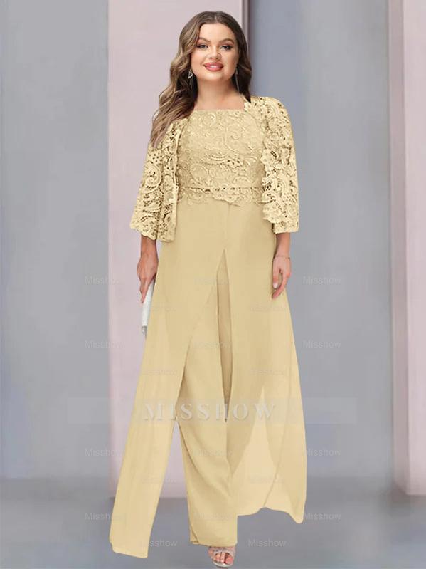 Plus Size Floor-Length Chiffon Pantsuit for the Mother of the Bride with Square Neck and Side Split