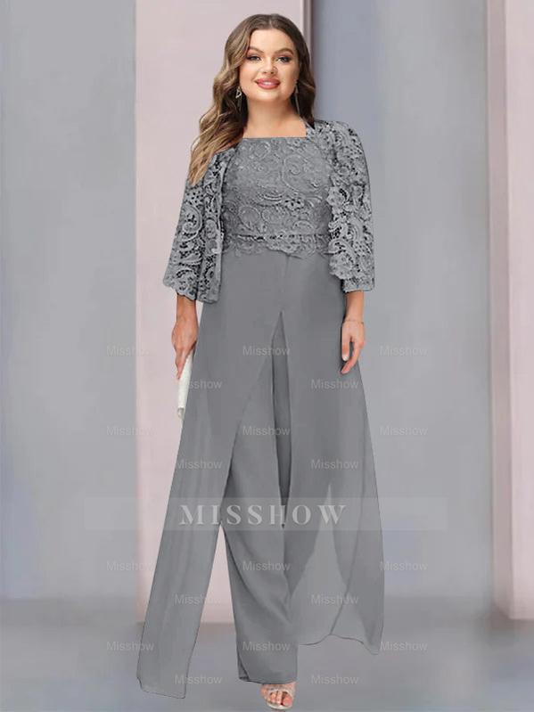 Plus Size Floor-Length Chiffon Pantsuit for the Mother of the Bride with Square Neck and Side Split