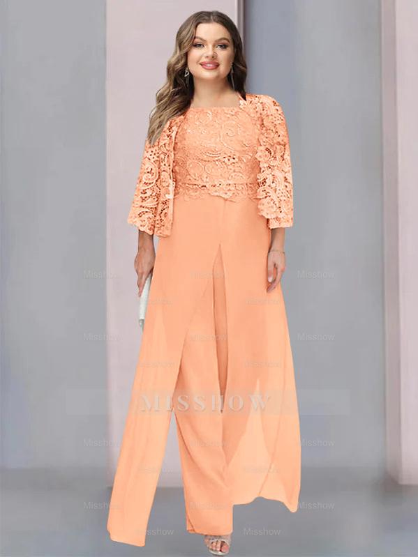 Plus Size Floor-Length Chiffon Pantsuit for the Mother of the Bride with Square Neck and Side Split