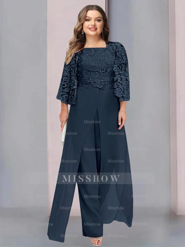 Plus Size Floor-Length Chiffon Pantsuit for the Mother of the Bride with Square Neck and Side Split
