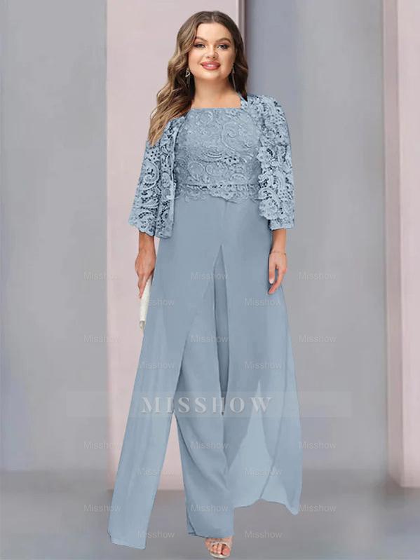 Plus Size Floor-Length Chiffon Pantsuit for the Mother of the Bride with Square Neck and Side Split