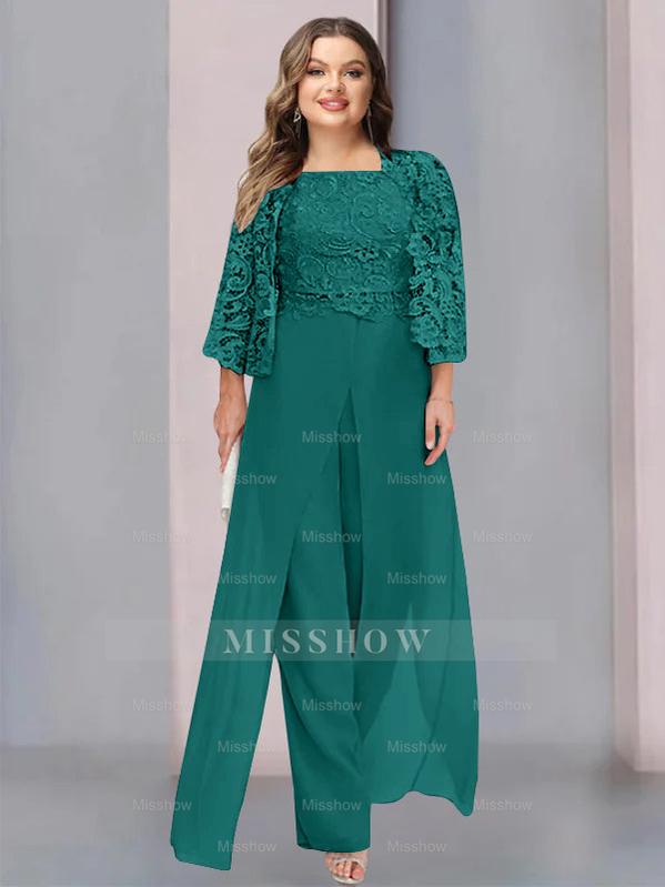 Plus Size Floor-Length Chiffon Pantsuit for the Mother of the Bride with Square Neck and Side Split