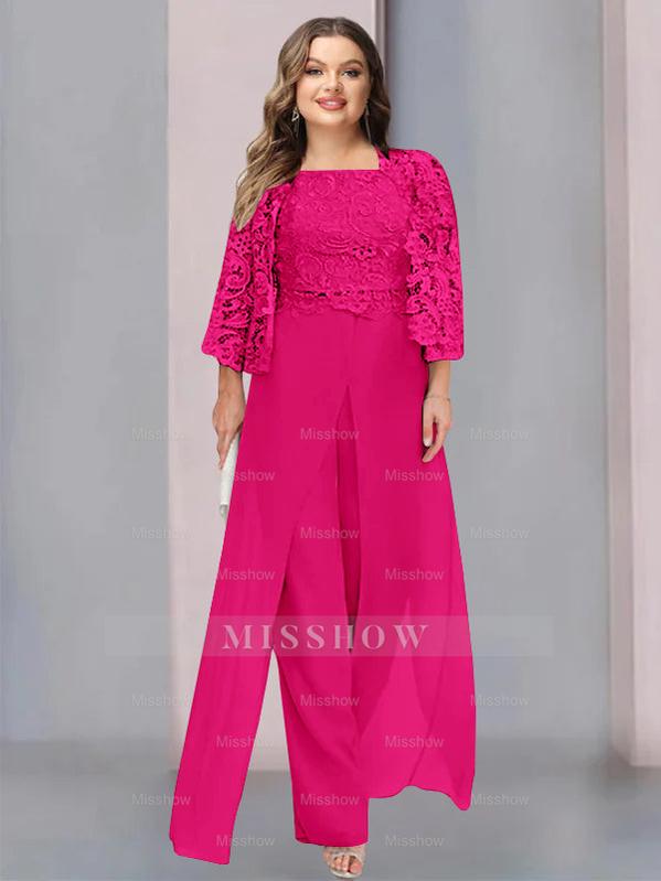 Plus Size Floor-Length Chiffon Pantsuit for the Mother of the Bride with Square Neck and Side Split