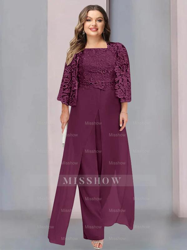 Plus Size Floor-Length Chiffon Pantsuit for the Mother of the Bride with Square Neck and Side Split