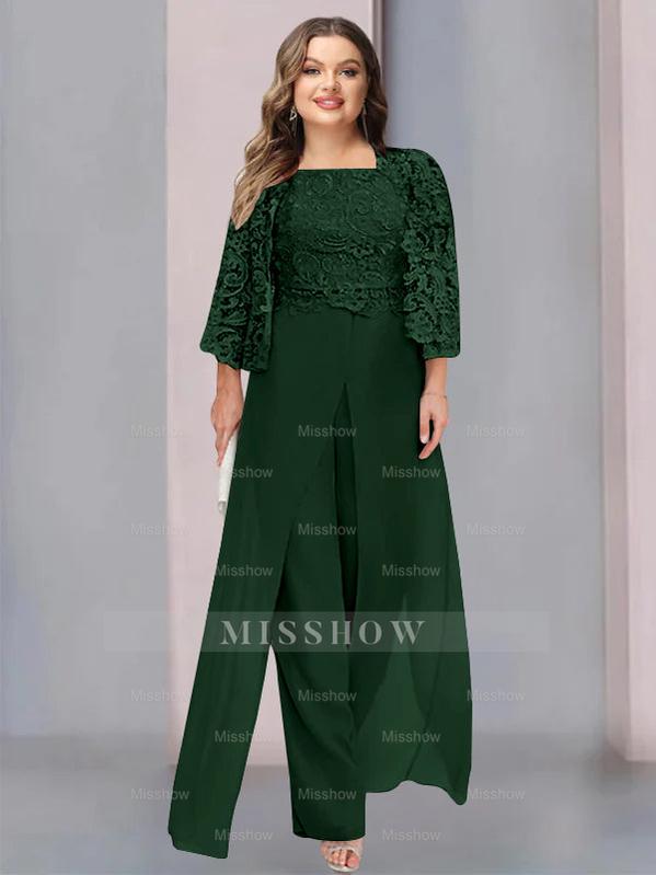 Plus Size Floor-Length Chiffon Pantsuit for the Mother of the Bride with Square Neck and Side Split