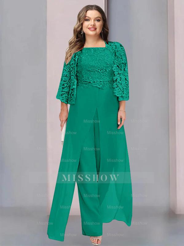 Plus Size Floor-Length Chiffon Pantsuit for the Mother of the Bride with Square Neck and Side Split