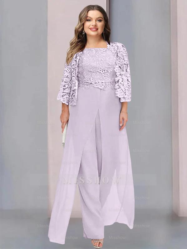 Plus Size Floor-Length Chiffon Pantsuit for the Mother of the Bride with Square Neck and Side Split