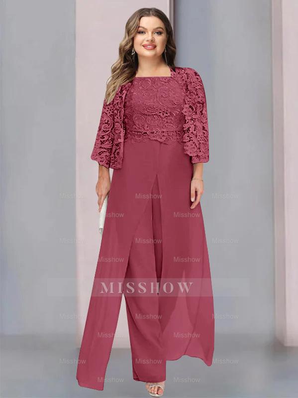 Plus Size Floor-Length Chiffon Pantsuit for the Mother of the Bride with Square Neck and Side Split