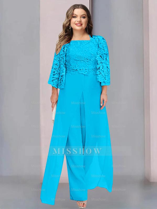 Plus Size Floor-Length Chiffon Pantsuit for the Mother of the Bride with Square Neck and Side Split