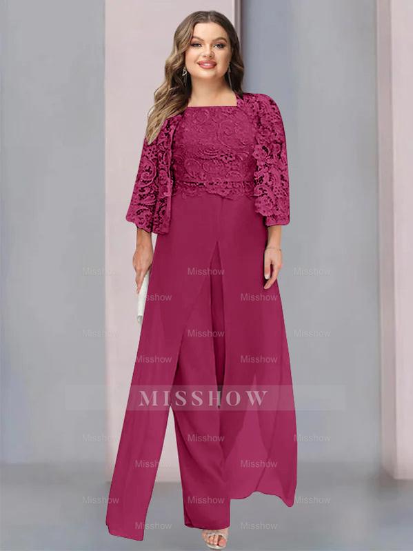 Plus Size Floor-Length Chiffon Pantsuit for the Mother of the Bride with Square Neck and Side Split