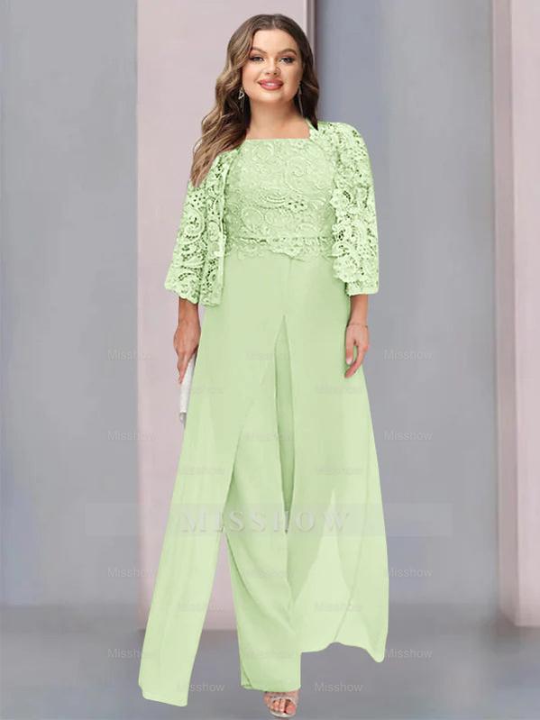 Plus Size Floor-Length Chiffon Pantsuit for the Mother of the Bride with Square Neck and Side Split