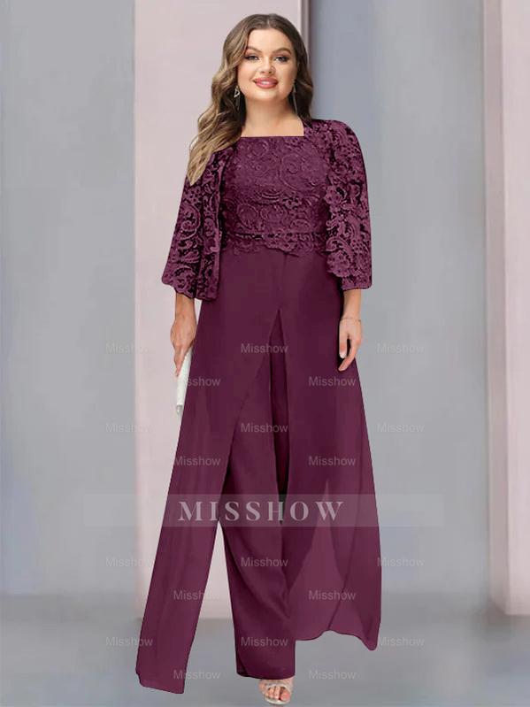 Plus Size Floor-Length Chiffon Pantsuit for the Mother of the Bride with Square Neck and Side Split