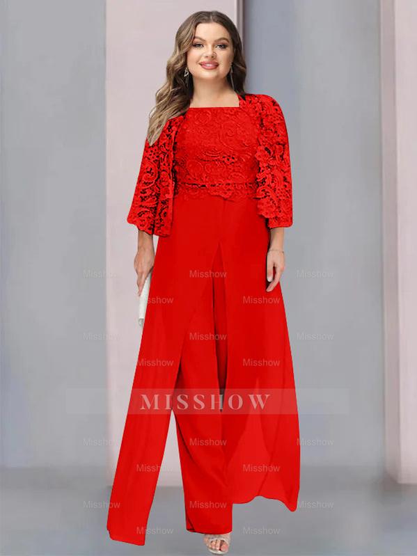 Plus Size Floor-Length Chiffon Pantsuit for the Mother of the Bride with Square Neck and Side Split