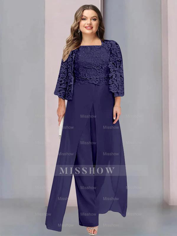 Plus Size Floor-Length Chiffon Pantsuit for the Mother of the Bride with Square Neck and Side Split