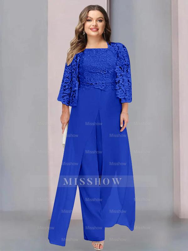 Plus Size Floor-Length Chiffon Pantsuit for the Mother of the Bride with Square Neck and Side Split