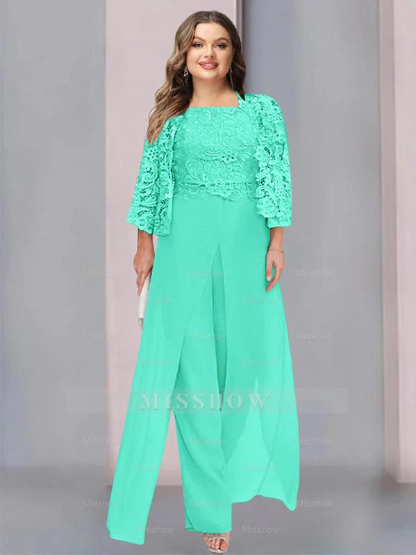 Plus Size Floor-Length Chiffon Pantsuit for the Mother of the Bride with Square Neck and Side Split