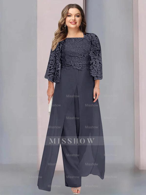 Plus Size Floor-Length Chiffon Pantsuit for the Mother of the Bride with Square Neck and Side Split