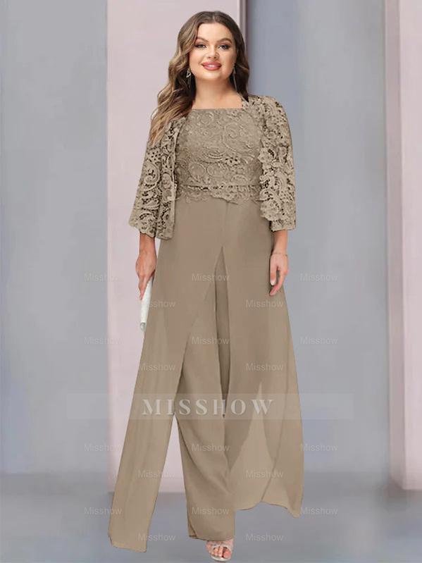 Plus Size Floor-Length Chiffon Pantsuit for the Mother of the Bride with Square Neck and Side Split