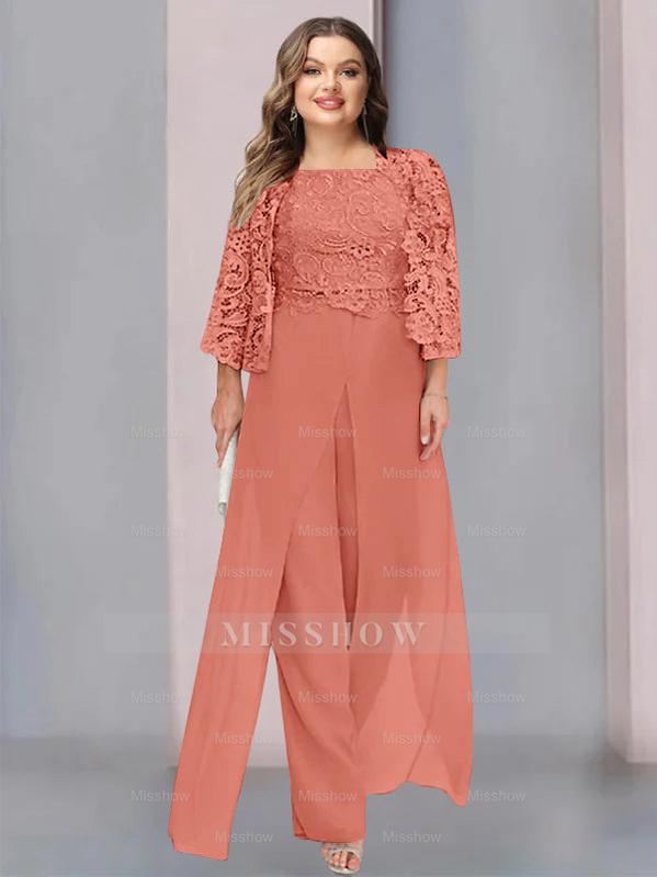 Plus Size Floor-Length Chiffon Pantsuit for the Mother of the Bride with Square Neck and Side Split