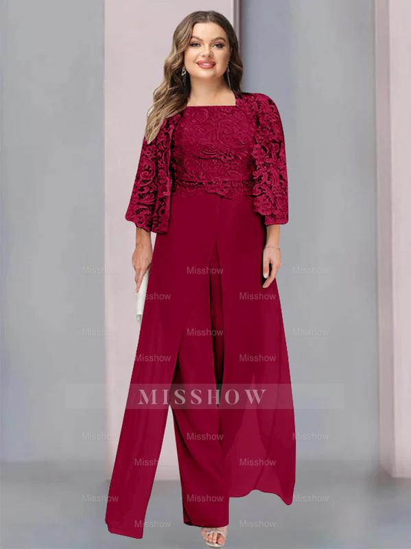 Plus Size Floor-Length Chiffon Pantsuit for the Mother of the Bride with Square Neck and Side Split