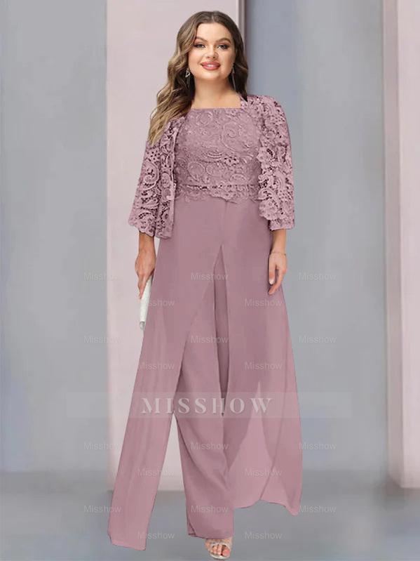 Plus Size Floor-Length Chiffon Pantsuit for the Mother of the Bride with Square Neck and Side Split