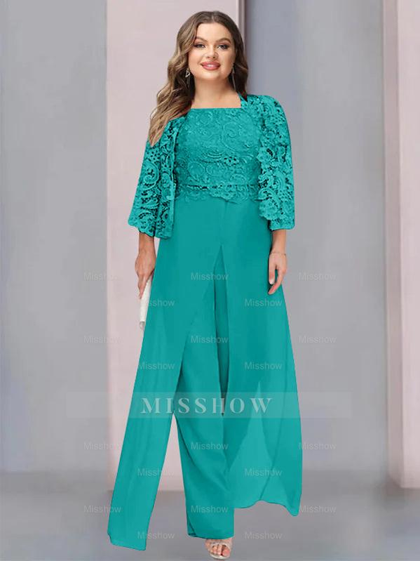 Plus Size Floor-Length Chiffon Pantsuit for the Mother of the Bride with Square Neck and Side Split