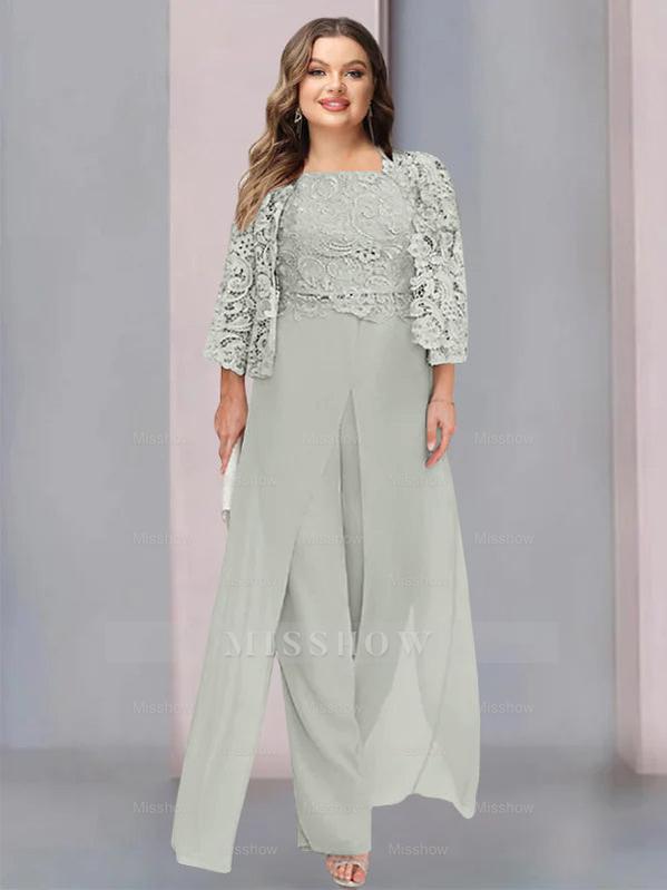 Plus Size Floor-Length Chiffon Pantsuit for the Mother of the Bride with Square Neck and Side Split
