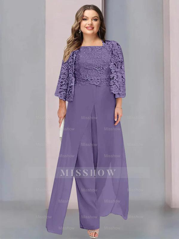 Plus Size Floor-Length Chiffon Pantsuit for the Mother of the Bride with Square Neck and Side Split