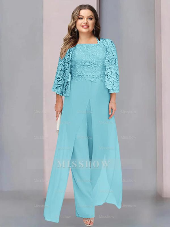 Plus Size Floor-Length Chiffon Pantsuit for the Mother of the Bride with Square Neck and Side Split